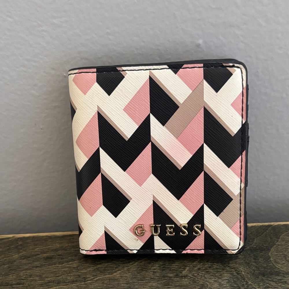 Guess Chevron Pattern Wallet in Pink, Black, and Cream